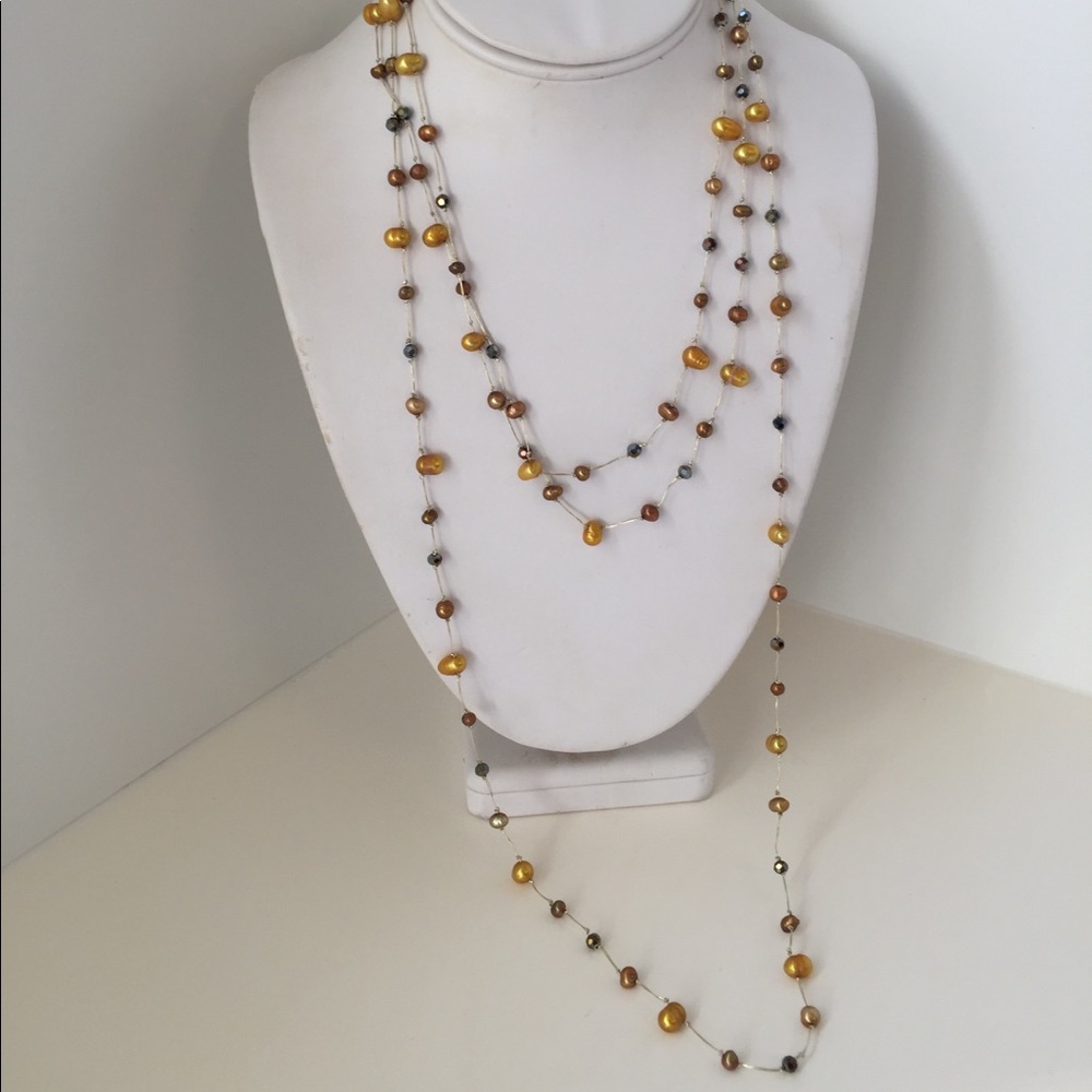 Freshwater pearl 3-strand necklace, brown and gold